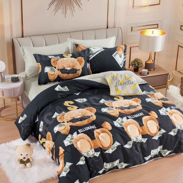 Lenjerie pat dublu,  FINET, 6 piese, Jojo Home, Negru, Ursuleti, Billionaire [1]