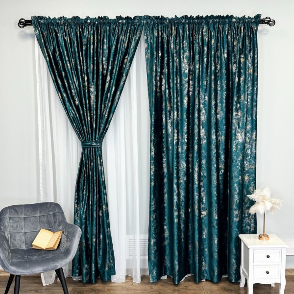 Set 2 Draperii Catifea Asama cu insertii aurii - 2m latime x 2.50m inaltime x Tiv lat, Turquoise - V36 [1]