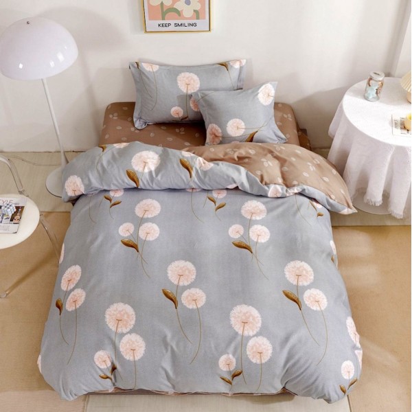 Lenjerie pat 140x200cm,  FINET, 4 piese, cu ELASTIC, Bleu-Maro, papadii [1]