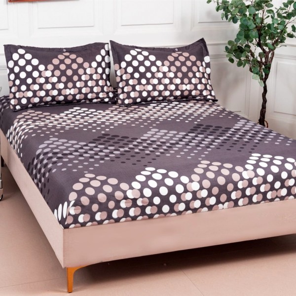 Cearsaf cu elastic, Bumbac Satinat, 160/180x200cm, 2 fete de perne 50x70cm, Maro, buline [1]