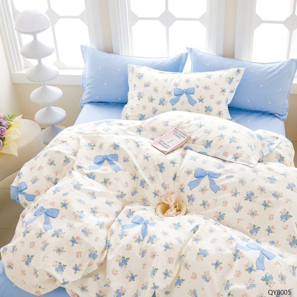 Lenjerie pat dublu, BUMBAC 100% Percal, cu Elastic, 4 piese, Alb, Bleu, Buchete de Flori, Fundite [1]