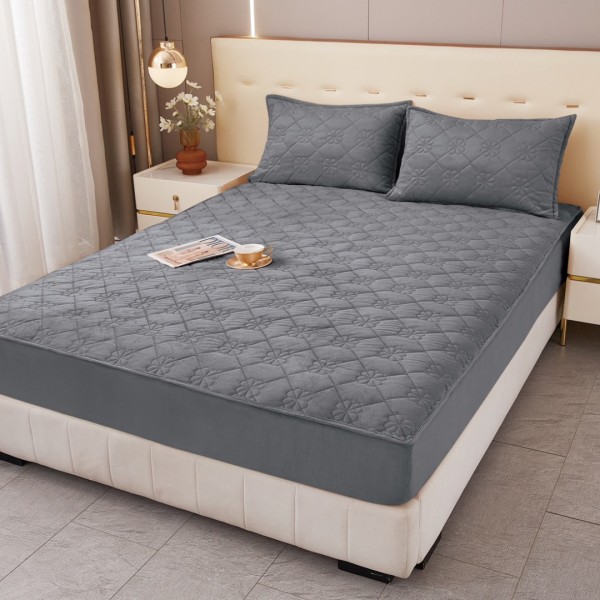 Husă Matlasată Tip Topper din Catifea 180x200cm, cu 2 Fețe de Pernă 50x70cm -  Somn Odihnitor și Susținere pentru Spate, Gri inchis [1]
