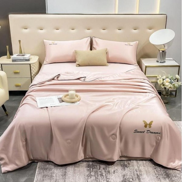 Set luxury cu PILOTA de VARA, tip MATASE SATINATA, 4 piese, Roz [1]