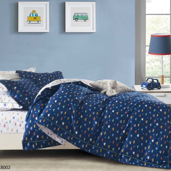 Lenjerie pat Single, BUMBAC 100% Percal, cu 2 Fețe, 4 piese, Bleumarin, Alb, Masinute [1]