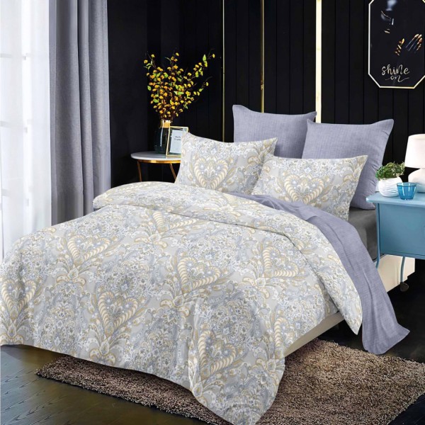Lenjerie Pat Dublu,  FINET, 6 piese, Gri, Bleu, Model Oriental [1]