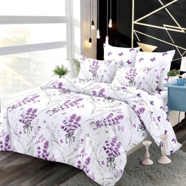 Lenjerie pat dublu,  FINET, cu elastic, 6 piese, Alb, Mov, Lavanda [1]