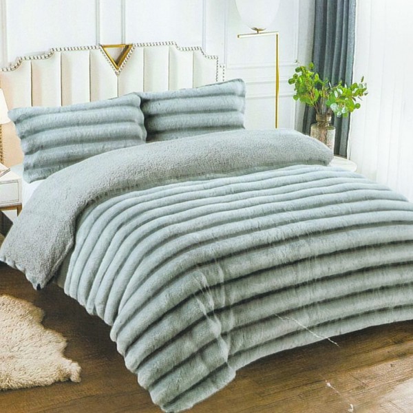 Pilota Groasă cu Fața din Blăniță Artificială de Iepure Dungat și Dos din Blăniță Sherpa, Umplutură Vatelină Siliconică, 200x230 cm + 2 fete de perna 50x70cm - Confort Termic Premium și Eleganță pentru Nopți Racoroase, Gri deschis [1]