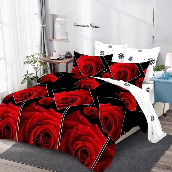 Lenjerie pat dublu (160x200cm, 180x200cm),  FINET, 6 piese, cu ELASTIC, Rosu-Negru, trandafiri [1]