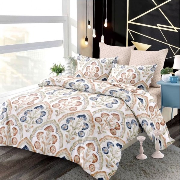 Lenjerie pat dublu,  FINET, cu elastic, 6 piese, Alb, Multicolor, Flori, Oriental [1]