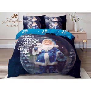Lenjerie pat dublu,  FINET, Digital Print, Craciun, Albastru, Alb, Moș Crăciun