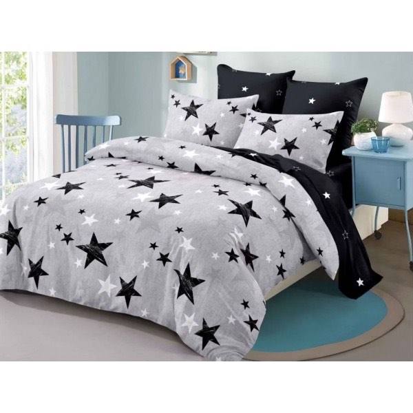 Lenjerie pat dublu,  FINET, cu elastic, 6 piese, Gri, Negru, Stelute [1]