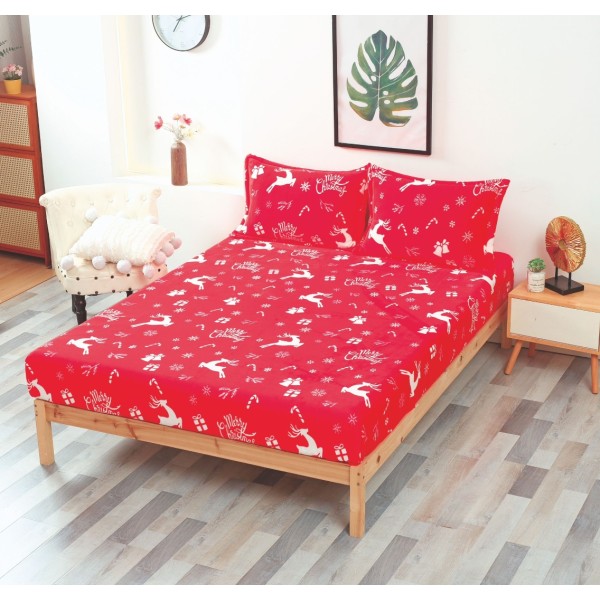 Cearsaf cu elastic CoCoLiNo Polar, 180x200x25cm, 2 fete de perne 50x70cm, Rosu, Alb, fulgi de nea, reni [1]