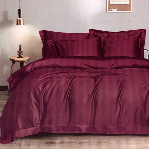 Lenjerie HoReCa DeLuxe, pat dublu, Damasc cu Dunga latã de 3cm, 6 piese, Visiniu [1]