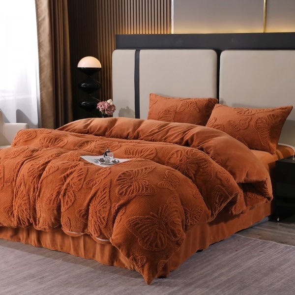 Lenjerie de Pat Dublu, Cocolino Ultra Pufoasă, 4 piese, cu Fluturi 3D – Somn Regal în Confort Absolut, Camel, fluturi [1]