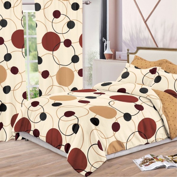 Set Lenjerie pat dublu (140x200cm, 160x200cm, 180x200cm) + 2 draperii, finet, 8 piese, Crem, Maro, cercuri, buline [1]