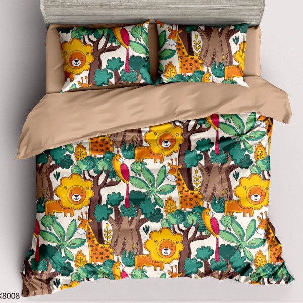 Lenjerie pat Single, BUMBAC 100% Percal, cu 2 Fețe, 4 piese, Alb, Bej, Verde, Galben, Animale, Copaci, Jungla [1]