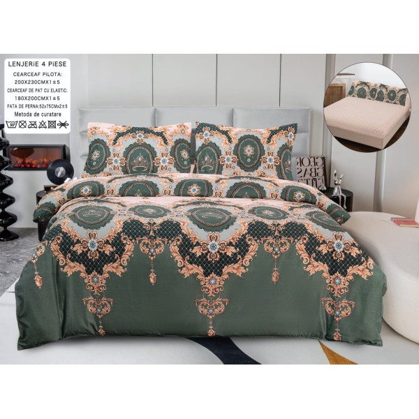 Lenjerie pat dublu, bumbac satinat,  Cearsaf cu ELASTIC 180x200cm, 4 PIESE, Verde, Bej, oriental [1]