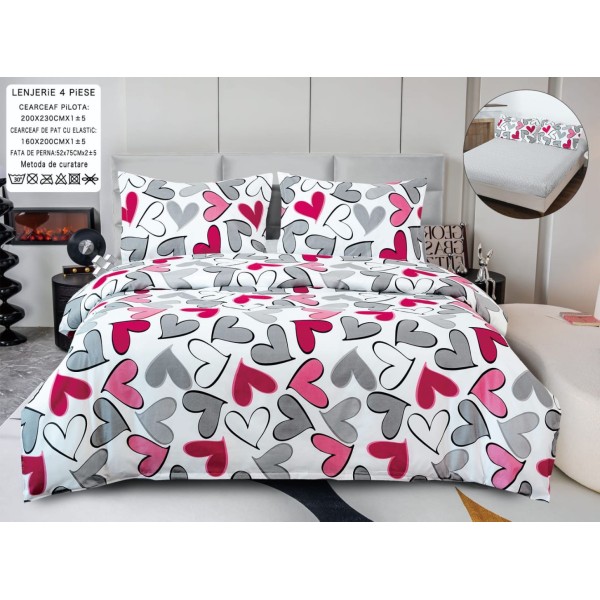 Lenjerie pat dublu, bumbac satinat,  Cearsaf cu ELASTIC 160x200cm, 4 PIESE, Alb, Roz, Gri, inimioare [1]