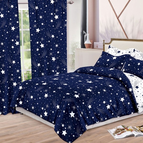 Set Lenjerie pat dublu (140x200cm, 160x200cm, 180x200cm) + 2 draperii, finet, 8 piese, Albastru, Alb, ploaie de stele [1]