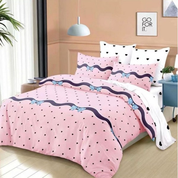 Lenjerie pat dublu,  FINET, cu elastic, 6 piese, Roz, buline, fundite [1]