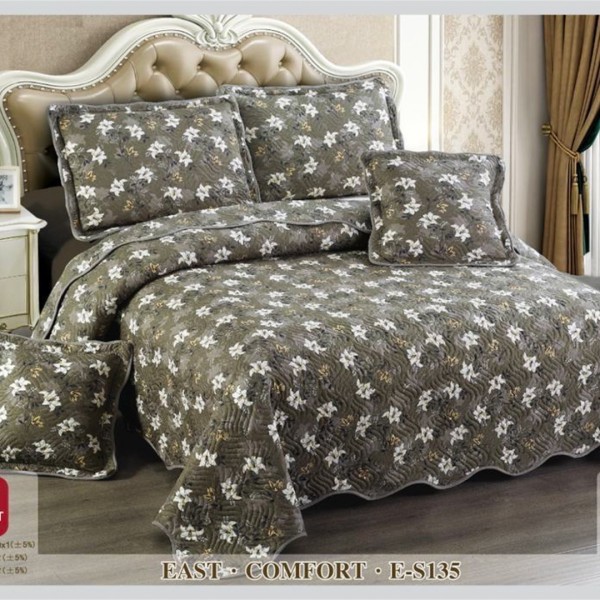 Cuvertura matlasata 230x250cm si 4 fete de perna, Bumbac, Gri, flori [1]