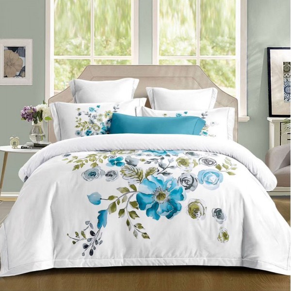 Lenjerie pat dublu, Primăvara,  FINET, Cearsaf cu Elastic 160x200cm, 4 piese, Alb, Albastru, model elegant cu flori - Lux Absolut, Delicatețe și Eleganță Desăvârșită [1]