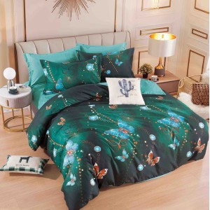 Lenjerie pat dublu,  FINET, 6 piese, cu ELASTIC, Jojo Home, Verde, fluturi