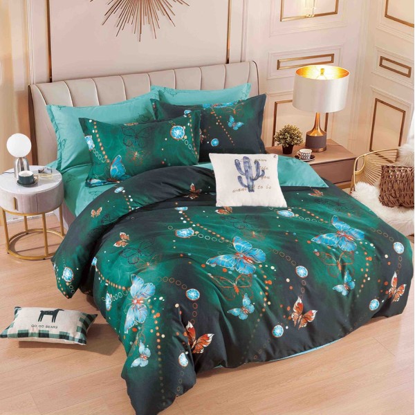 Lenjerie pat dublu,  FINET, 6 piese, cu ELASTIC, Jojo Home, Verde, fluturi [1]