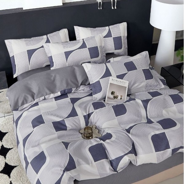 Lenjerie pat dublu (140x200cm, 160x200cm, 180x200cm),  FINET, 6 piese, Gri-Albastru, forme geometrice [1]