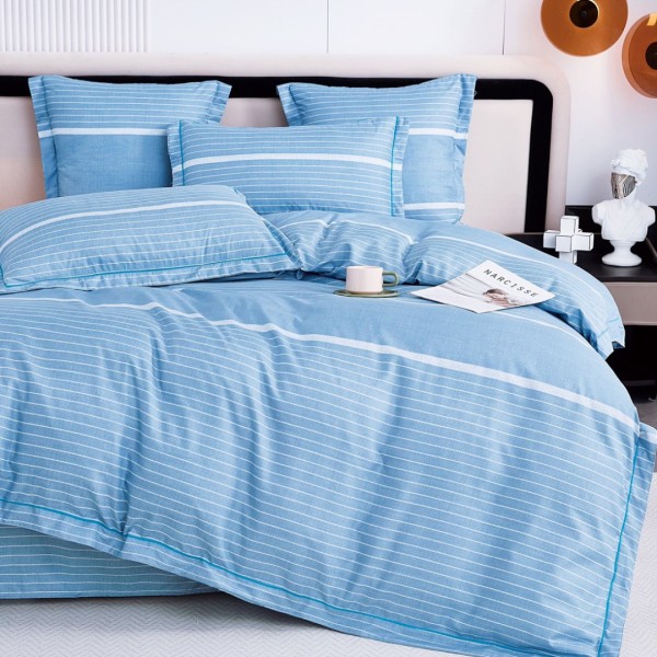 Lenjerie de Pat Dublu, Super Premium,  Finet Ranforsat, 6 Piese, Ambalat în Cutie de Lux, Bleu, Alb, dungi [1]