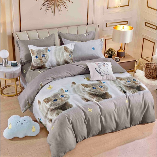 Lenjerie pat dublu,  FINET, 6 piese, cu ELASTIC, Jojo Home, Gri, pisicute, fluturasi [1]