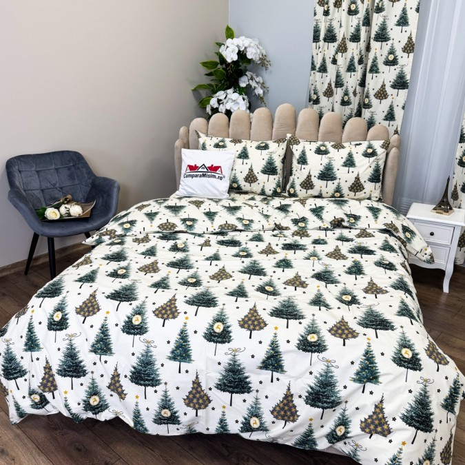 Set Lenjerie Pat Dublu Crăciun 4 Piese + 2 Draperii 150x235cm din Bumbac Ranforsat – Confort și Eleganță, Fabricat în România, Crem, Verde, Brazi