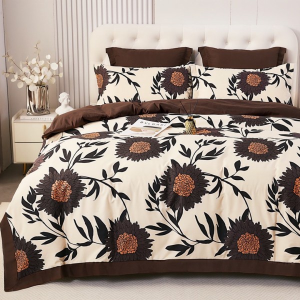 Lenjerie de Pat Dublu, Super Premium,  Finet Ranforsat, 6 Piese, Ambalat în Cutie de Lux, Crem, Maro, flori [1]