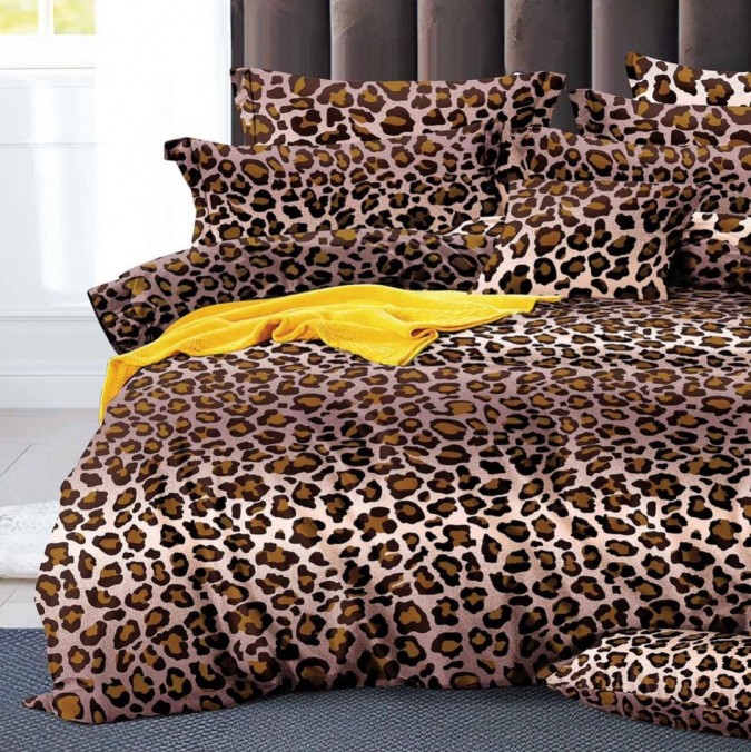 Lenjerie pat dublu 4 piese Bumbac Satinat Superior Maro animal print