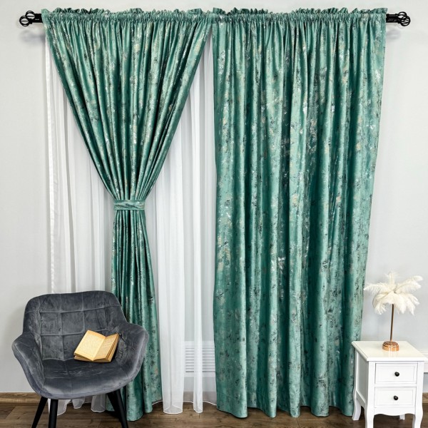 Set 2 Draperii Catifea Asama cu insertii aurii - 200cm x 250cm,Tiv lat , Menta - V21 [1]