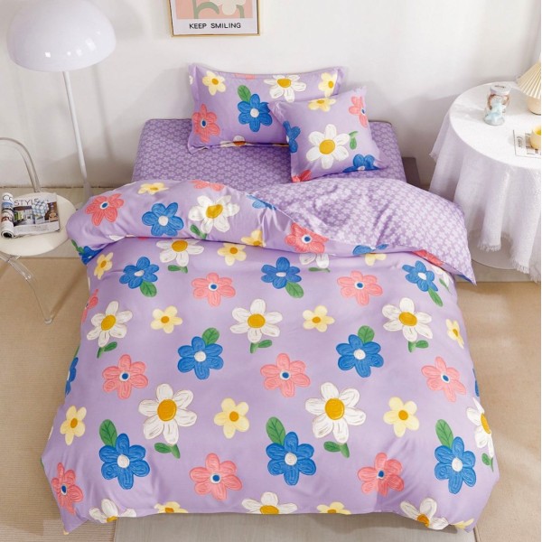 Lenjerie pat 140x200cm,  FINET, 4 piese, cu ELASTIC, Mov, flori [1]