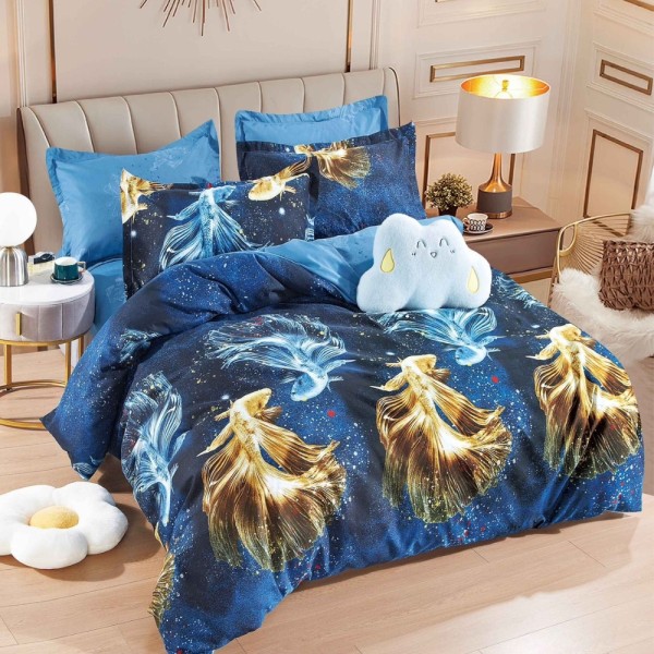 Lenjerie pat dublu,  FINET, 6 piese, Jojo Home, Albastru, Auriu, pești  [1]