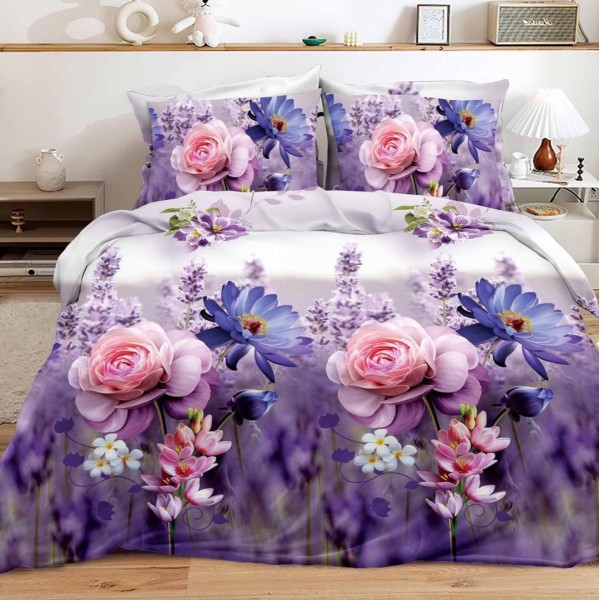 Lenjerie pat dublu (140x200cm, 160x200cm, 180x200cm), cearsaf clasic, imprimeu 3D, Mov, flori [1]