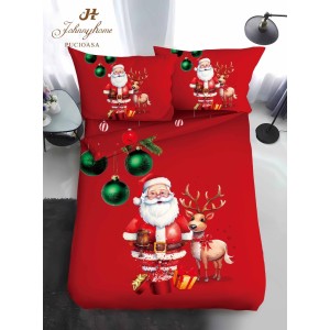 Lenjerie pat 1 PERSOANA, BUMBAC FINET, 4 piese, Identică cu Poza, Craciun, Roșu, Moș Craciun, ren