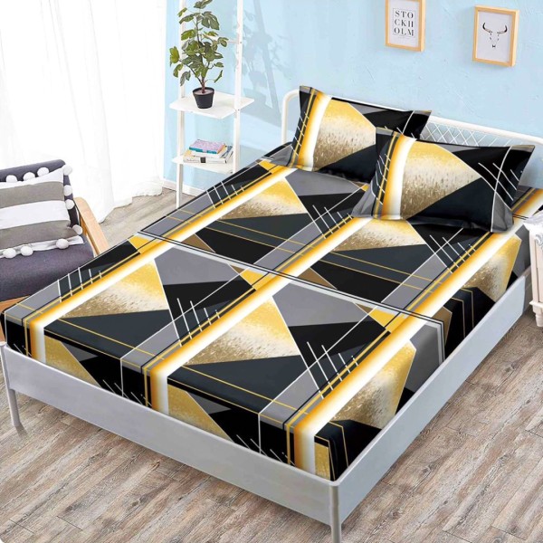 Cearsaf cu elastic, FINET, 160x200cm, 2 fete de perne 50x70cm, Negru, Galben, Forme Geometrice – confort si eleganta pentru patul tau [1]