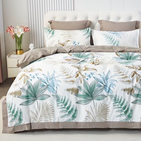 Lenjerie de Pat Dublu, Super Premium,  Finet Ranforsat, 6 Piese, Ambalat în Cutie de Lux, Alb, Bej, Verde, frunze [1]