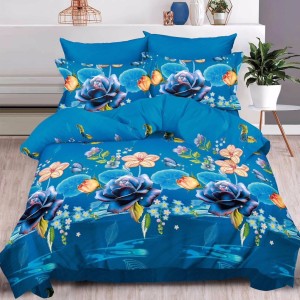 Lenjerie pat dublu, 6 PIESE, IMPRIMEU 3D Multiplicat, Albastru, flori