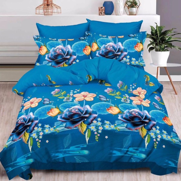 Lenjerie pat dublu, 6 PIESE, IMPRIMEU 3D Multiplicat, Albastru, flori [1]