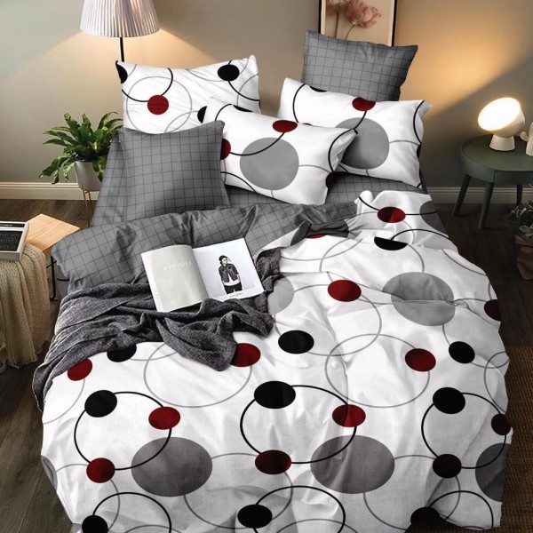 Lenjerie pat dublu (140x200cm, 160x200cm, 180x200cm), bumbac satinat, cearsaf clasic, 4 piese,  Gri, cercuri [1]