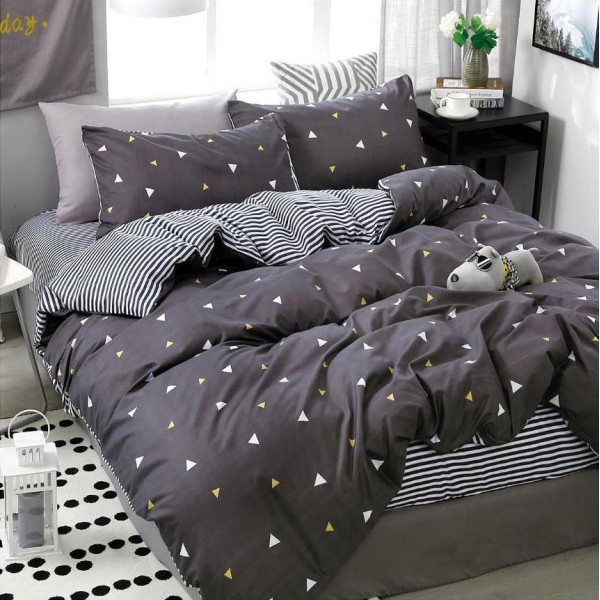 Lenjerie pat dublu cu Elastic (160x200cm si 180x200cm), bumbac satinat, Gri, forme geometrice [1]