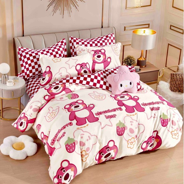 Lenjerie pat dublu,  FINET, 6 piese, cu ELASTIC, Jojo Home, Crem-Rosu, ursuleti, capsune [1]