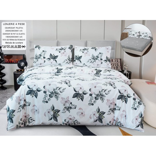 Lenjerie pat dublu, bumbac satinat,  Cearsaf cu ELASTIC 160x200cm, 4 PIESE, Alb, Gri, flori [1]