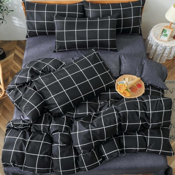 Lenjerie pat dublu cu Elastic (160x200cm si 180x200cm), bumbac satinat, Gri, patratele [1]