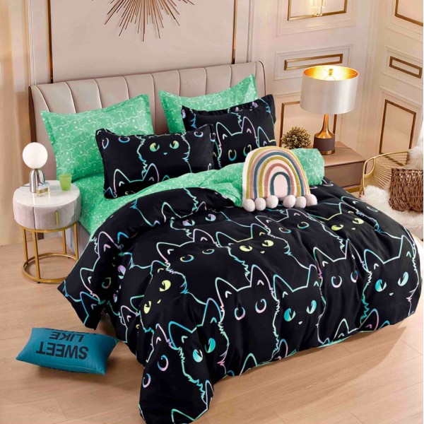 Lenjerie pat dublu,  FINET, 6 piese, cu ELASTIC, Jojo Home, Negru, pisicute [1]