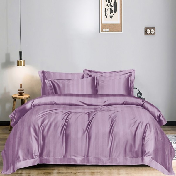 Lenjerie HoReCa DeLuxe, pat dublu, Damasc cu Dunga latã de 3cm, 6 piese, cearșaf cu ELASTIC, Mov Lila [1]